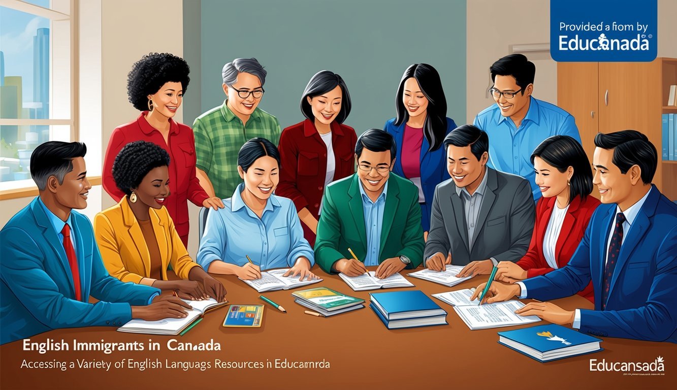 A diverse group of immigrants in Canada accessing a variety of English language resources provided by EduCanada Guidance