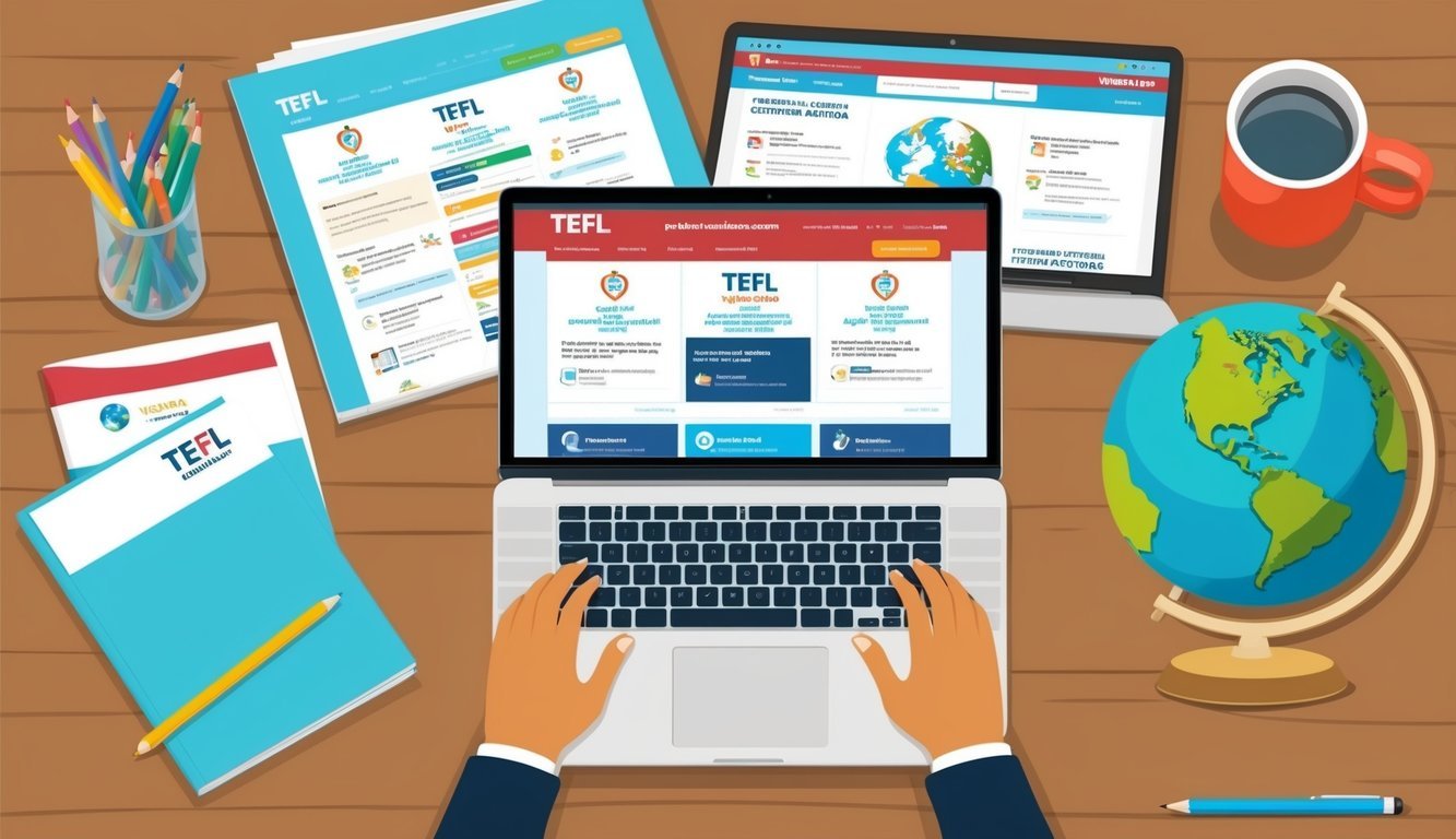 A laptop with TEFL certification websites on the screen, surrounded by teaching materials and a globe