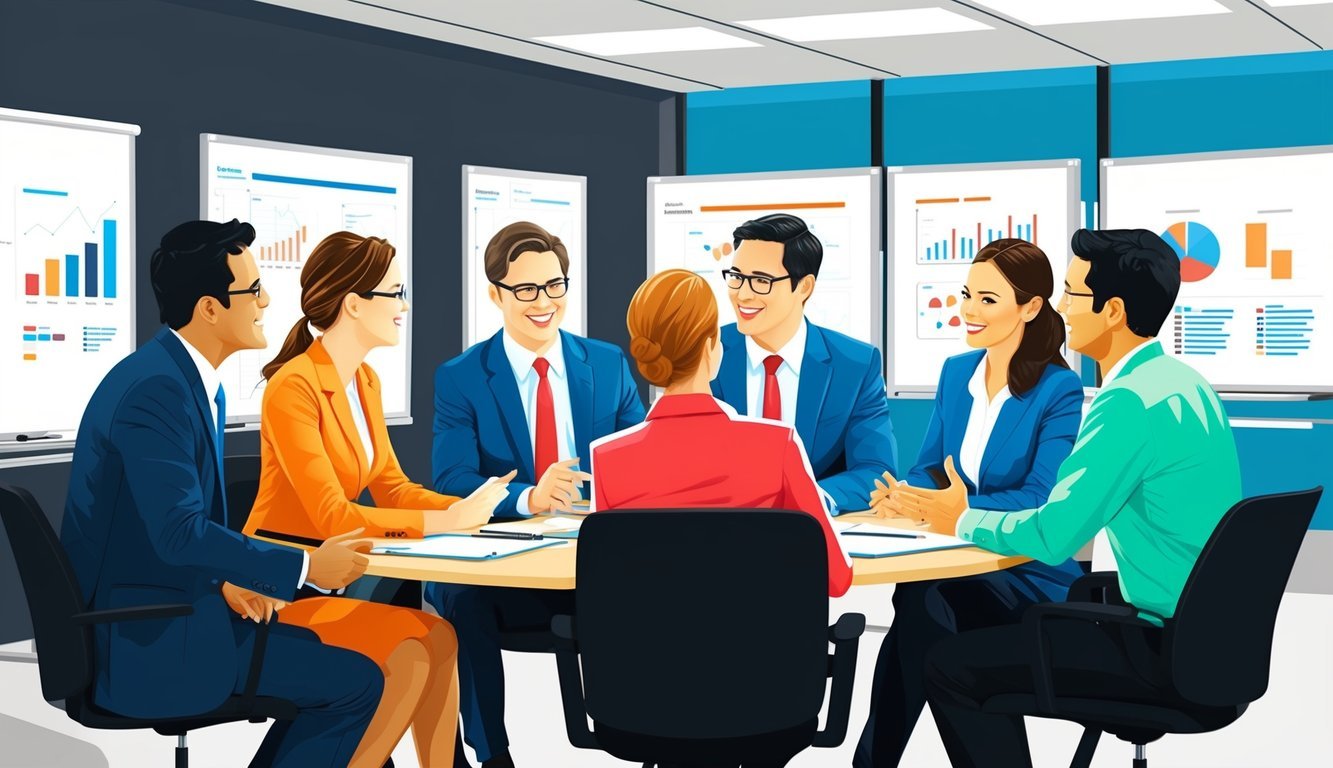 A group of professionals engage in a lively discussion in a modern office setting, with whiteboards and charts in the background