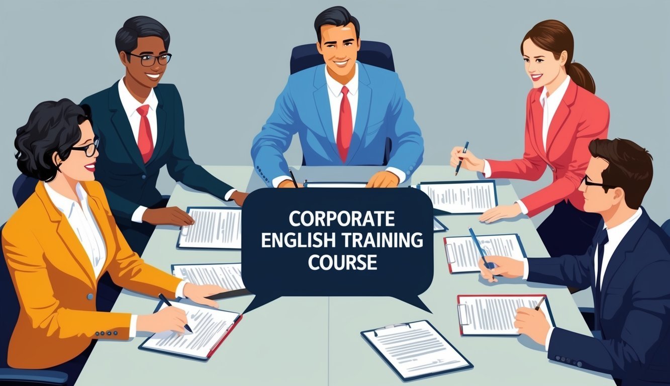 A group of professionals engaged in a corporate English training course, actively participating and practicing persuasive speaking skills