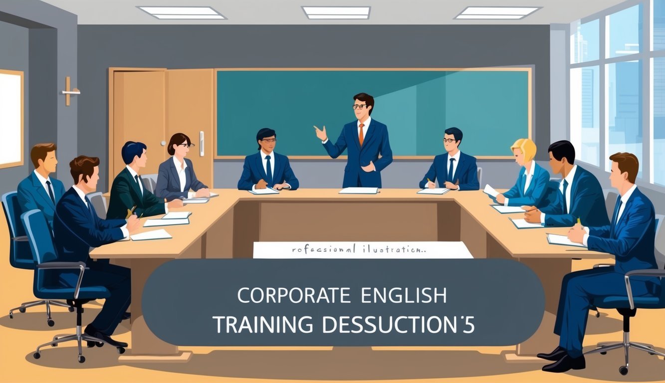 A group of professionals in a boardroom, engaged in a corporate English training course.</p><p>The instructor stands at the front, leading the session, while participants take notes and engage in discussion