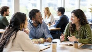 Adult learners practising conversation in pairs in a bright language classroom