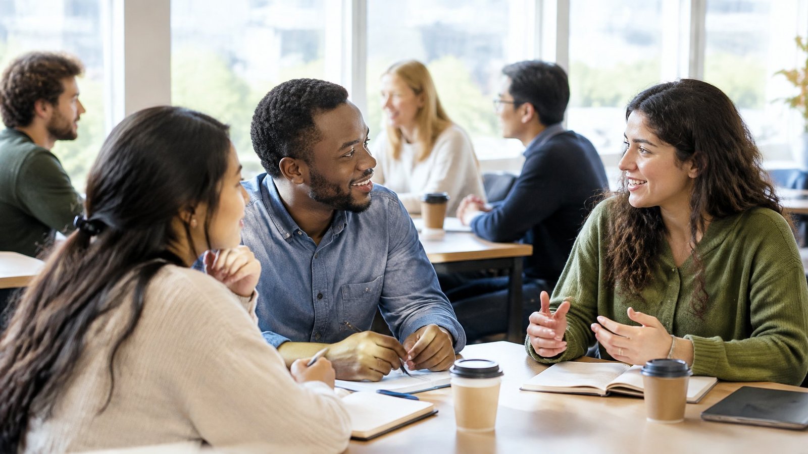 Adult learners practising conversation in pairs in a bright language classroom